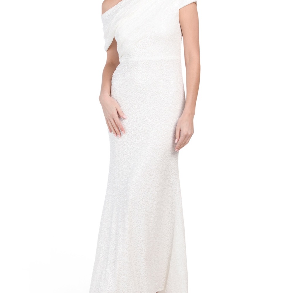 BADGLEY MISCHKA Sequin Asymmetric Drape Shoulder gown, Ivory, size 12